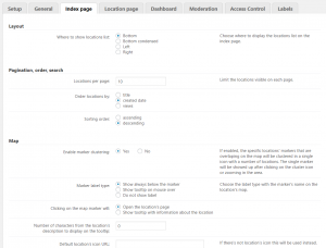 Settings for location index page layout, search, and map display