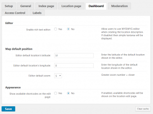 Settings for location management dashboard