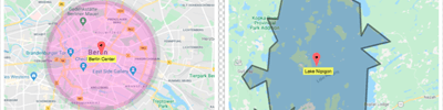 Custom polygon shapes marking areas on a Google Maps location map